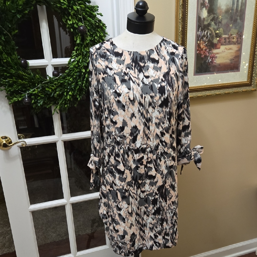 H&M Black Gray Pink White Print Long Sleeve Dress Bow Cuffs Round Neck Sz 8 NEW